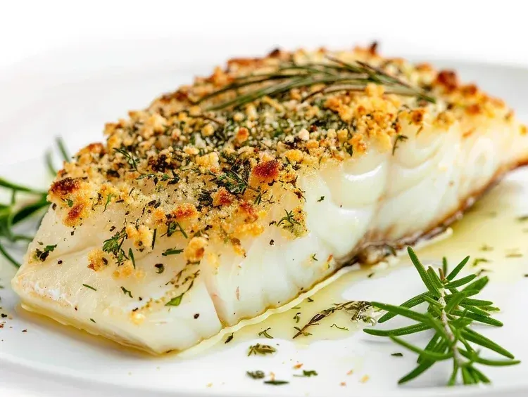 Baked white fish fillet seasoned with fresh herbs