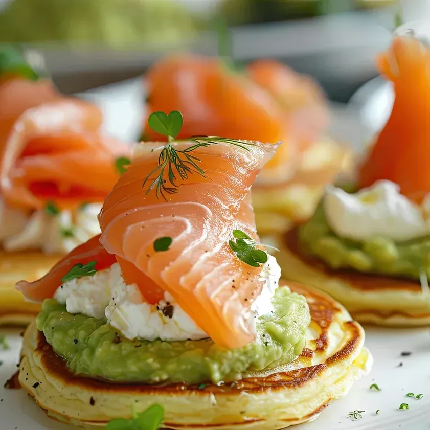 Smoked salmon appetizers on toasted bread crusts
