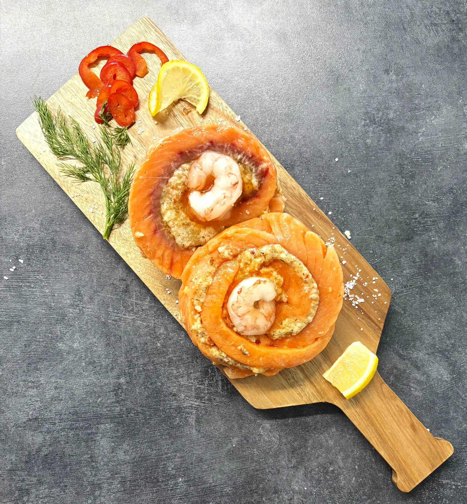 Salmon deluxe Pinwheels (with shrimp, scallop, and flavoured crab)